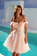 Floral embroidered glitter mesh short A-line dress in blush, off-shoulder neckline detail.