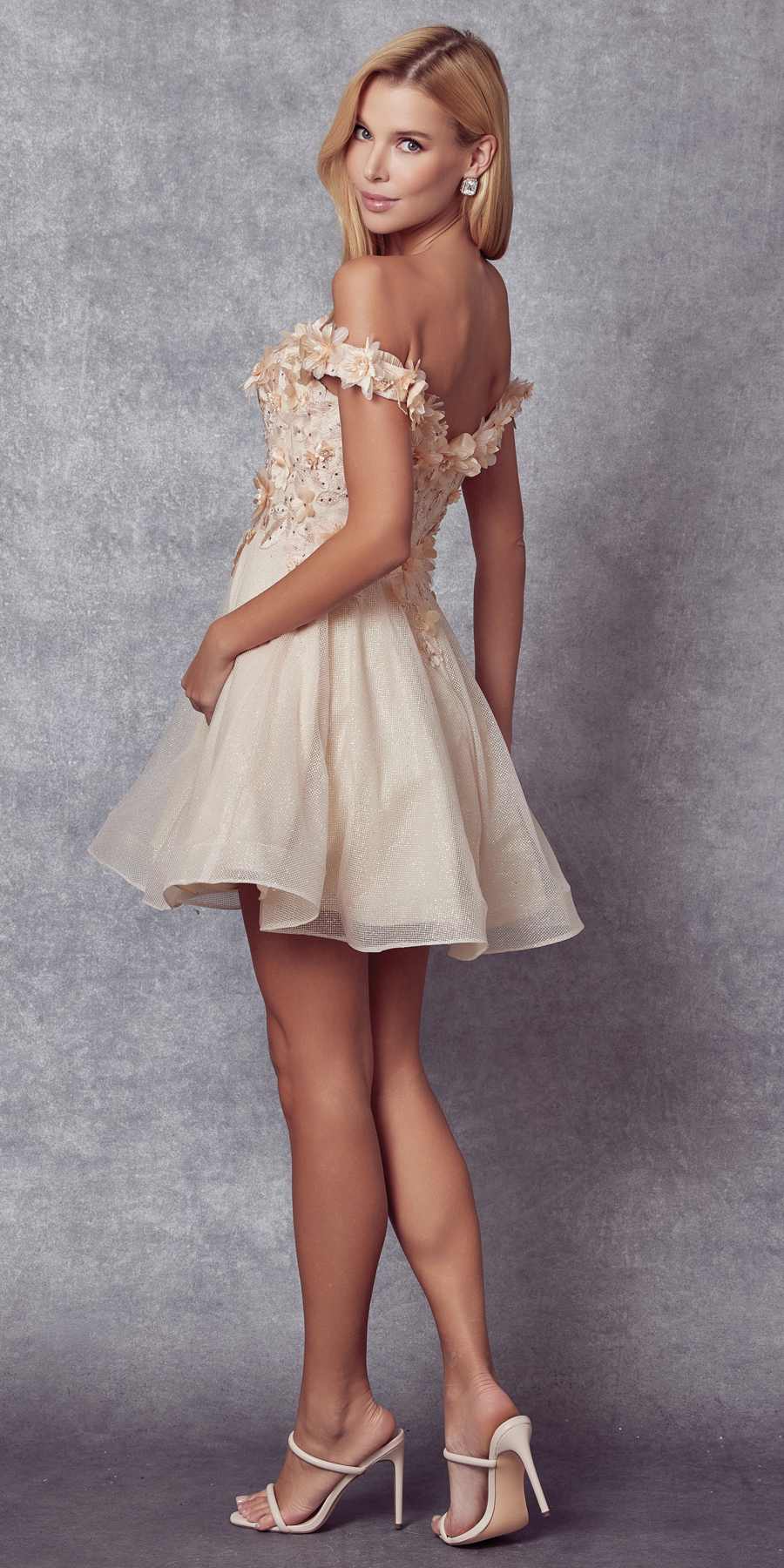 Floral embroidered glitter mesh A-line short dress, off-shoulder, champagne-beige side