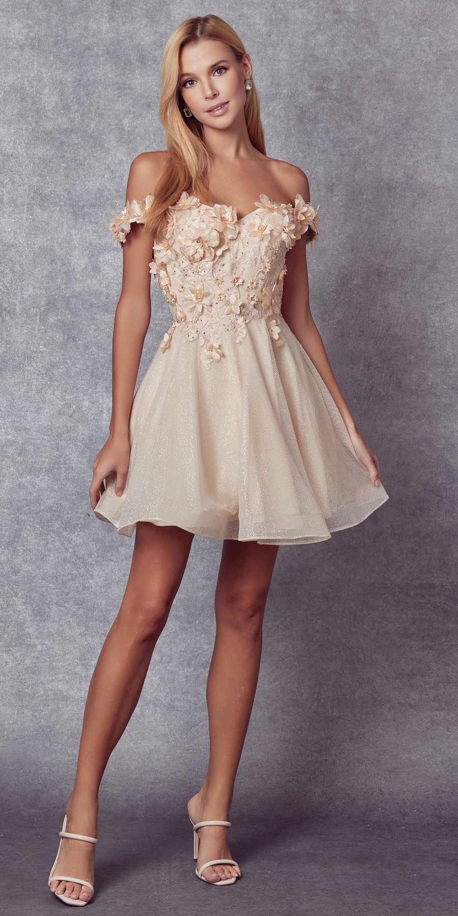 Floral embroidered glitter mesh A-line short dress, off-shoulder, champagne-beige