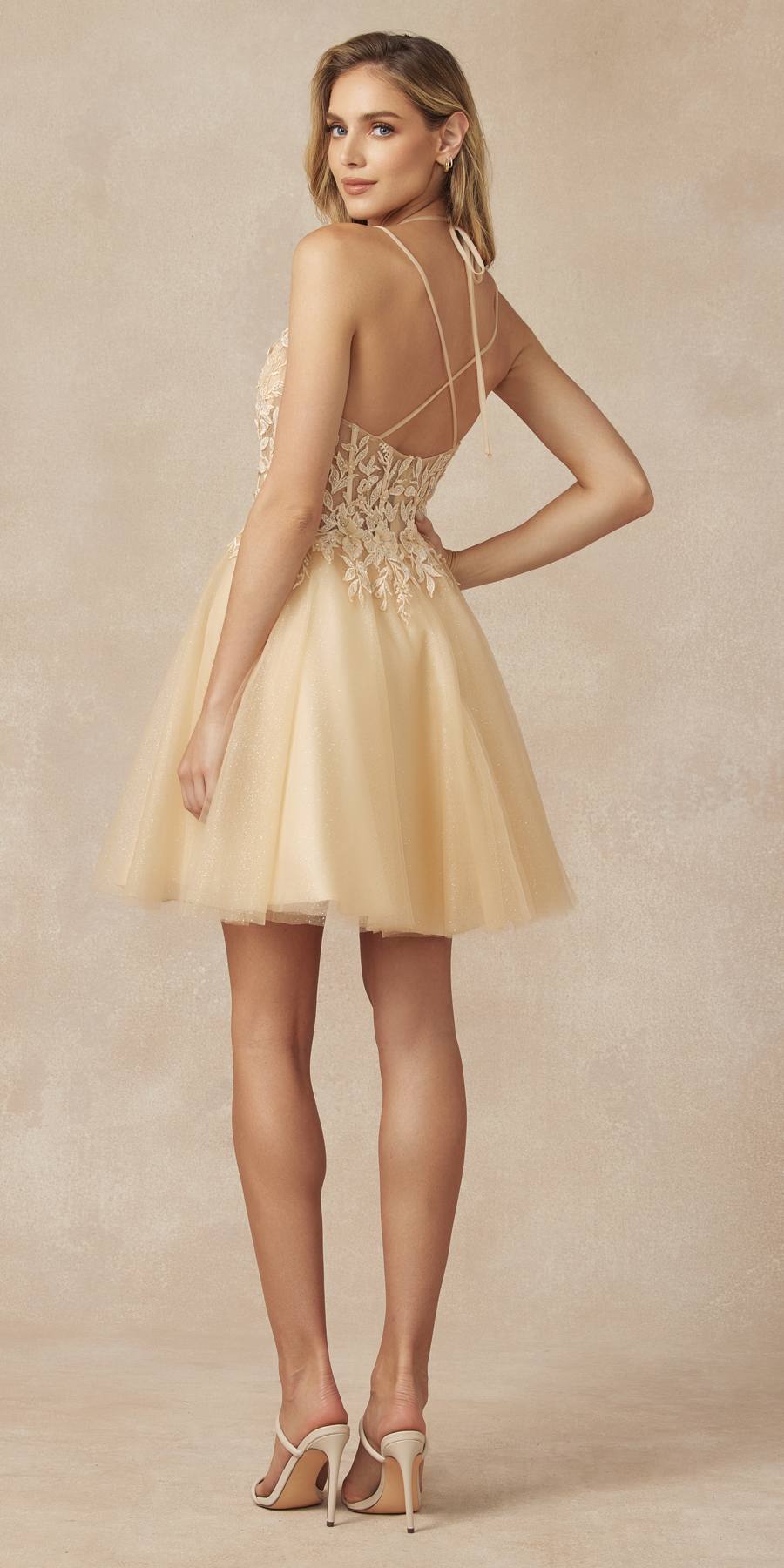 Champagne glitter tulle dress, leaf lace bodice and thin straps, sheer tulle skirt, backless tie