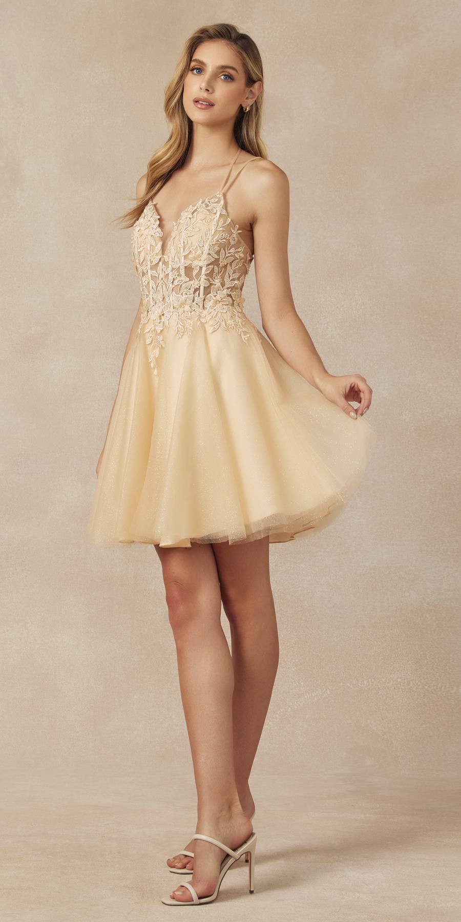 Champagne glitter tulle dress with leaf lace bodice, V-neck, thin spaghetti straps, short A-line skirt