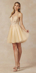 Champagne glitter tulle dress with leaf lace bodice, V-neck, thin spaghetti straps, short A-line skirt