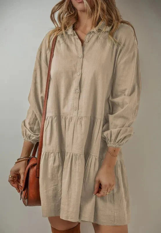 Tiered Balloon Sleeve Dress with Collared Neck Design