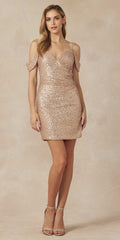 Champagne sequin fitted short dress with V-neck and thin shoulder straps