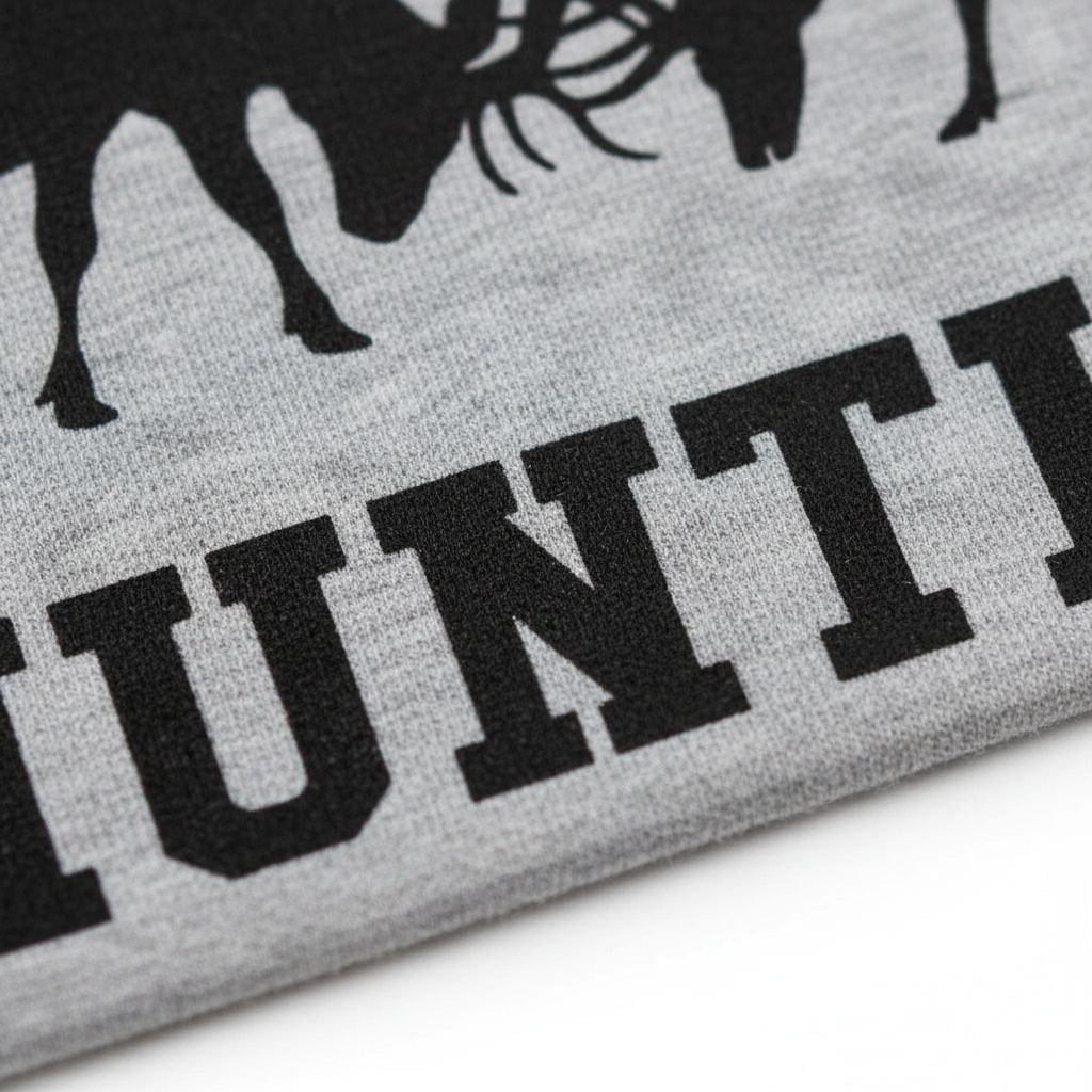 Close-up of black hunting text print on a gray T-shirt