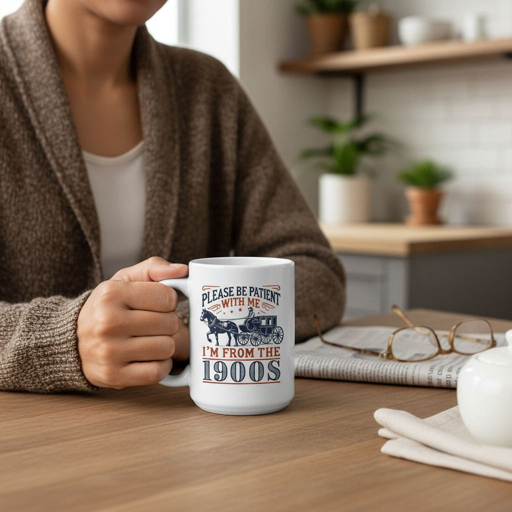 Person holding a white ceramic mug with horse carriage graphic and “I’m from the 1900s”.