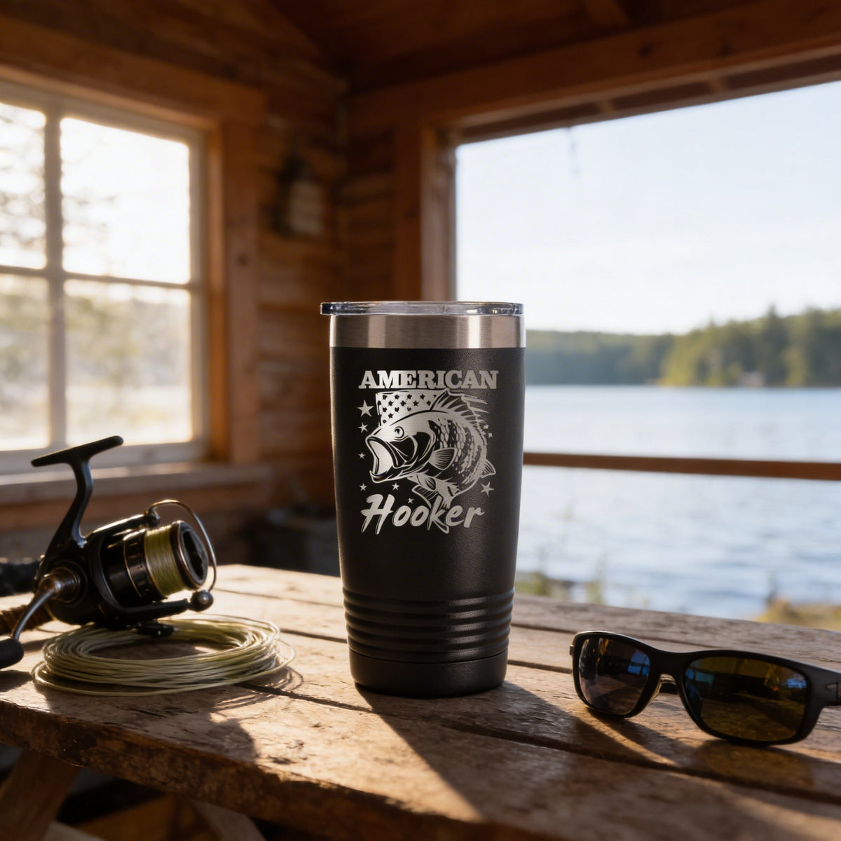 Insulated stainless steel tumbler with spill-resistant lid, black American Hooker fish design
