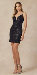 Black fully sequin mini dress with V-neck and spaghetti straps