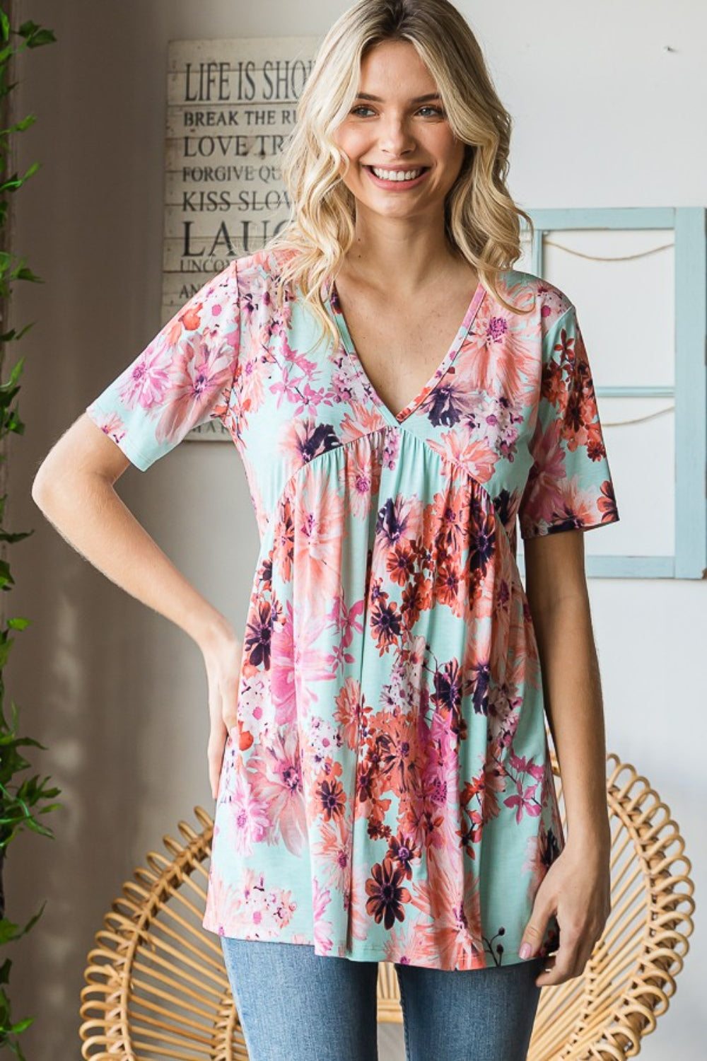 Floral Babydoll Top with V-Neck and Short Sleeves