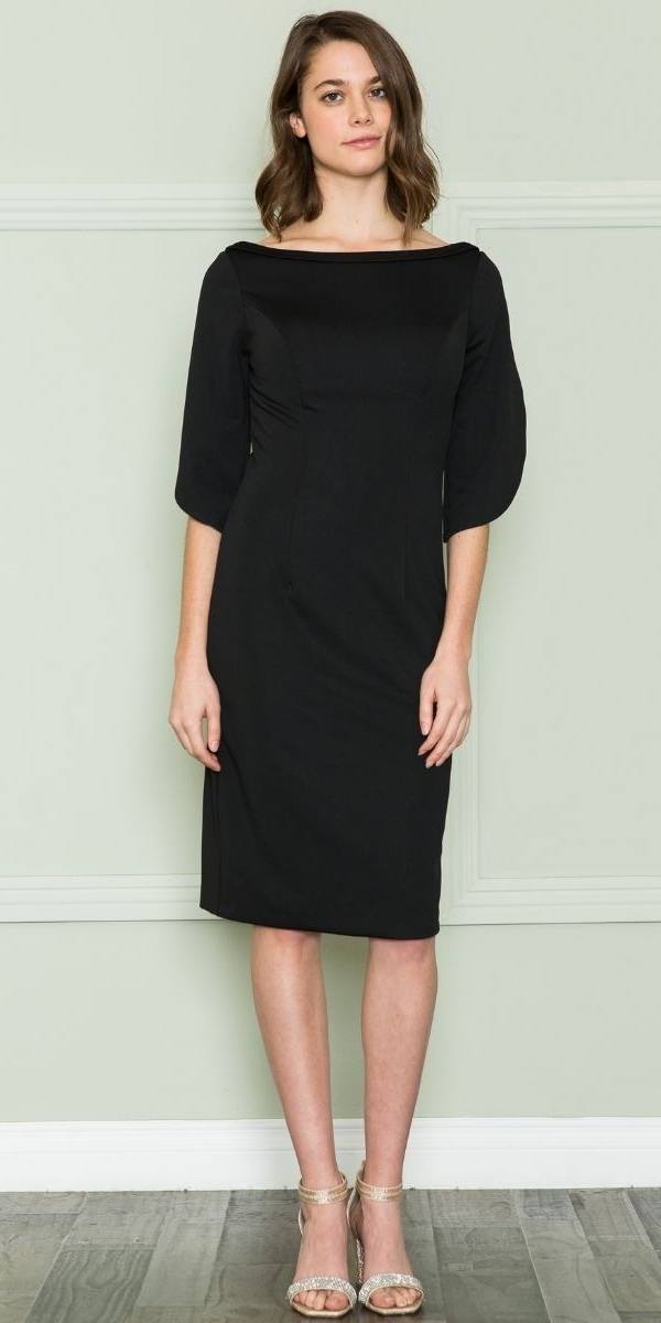 Black knee-length boat-neck jersey dress with 3/4 sleeves, straight fit