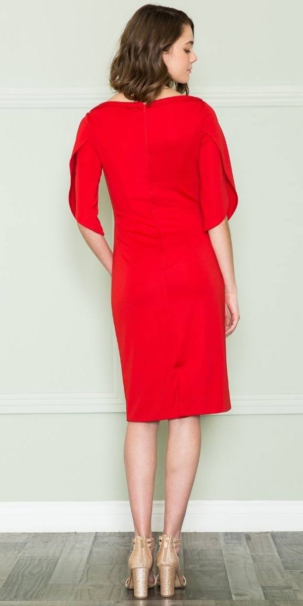 Red knee-length boat-neck jersey dress, back view, 3/4 sleeves