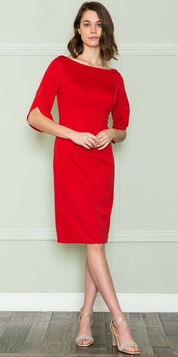 Red knee-length boat-neck jersey dress with 3/4 sleeves, straight fit