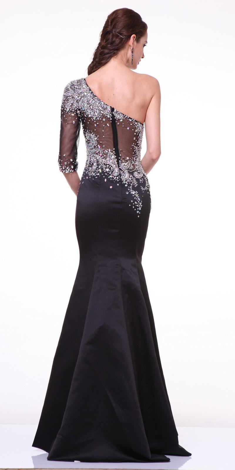 Black mermaid gown with embellished sheer back and long one-sleeve silhouette