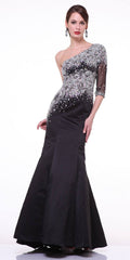 Black mermaid dress with one-shoulder embellished sheer bodice and long sleeve