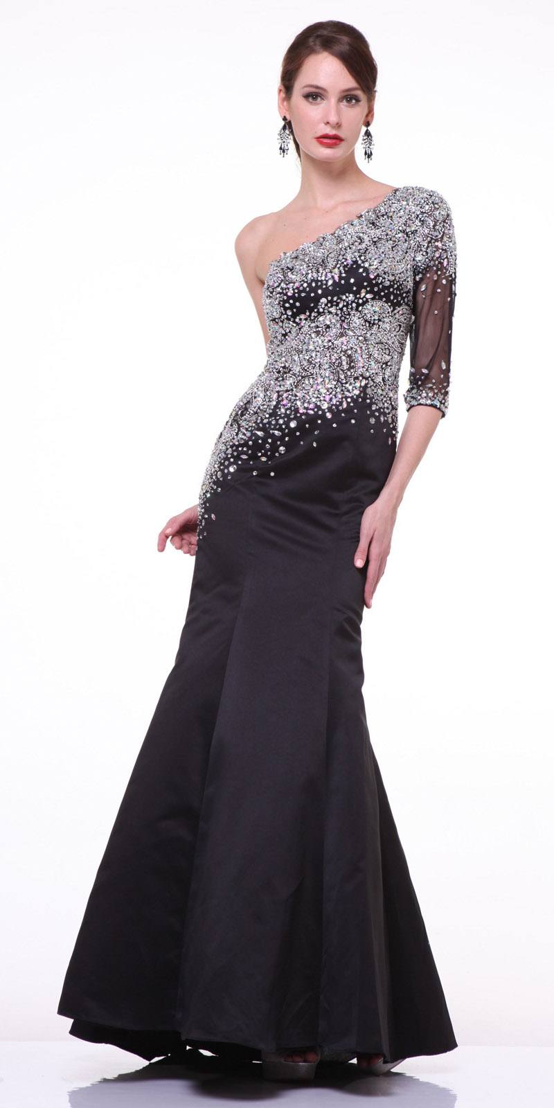 Black mermaid dress with one-shoulder embellished sheer bodice and long sleeve