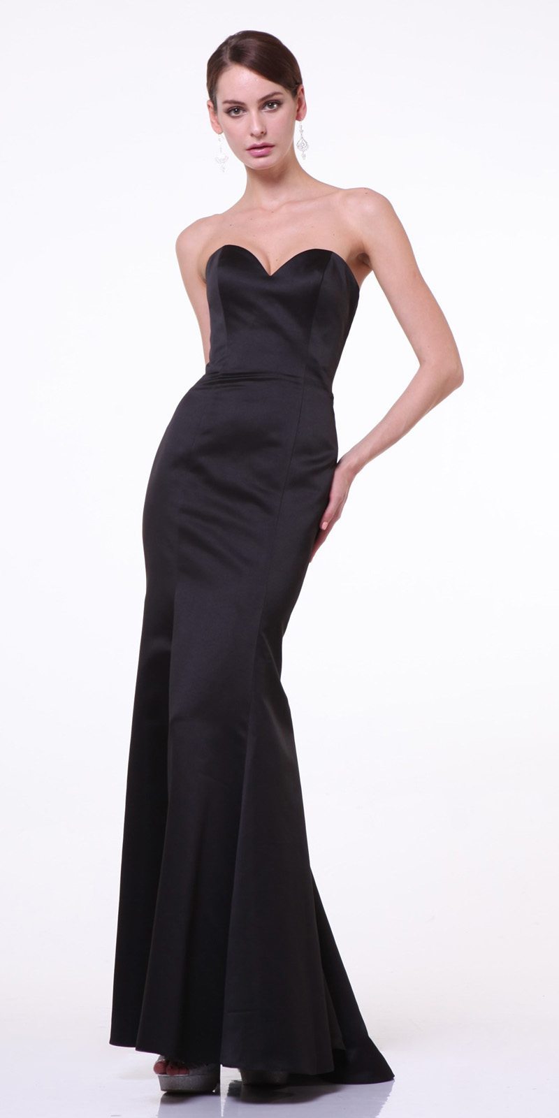 Black satin strapless mermaid gown with sweetheart neckline and long flared hem.