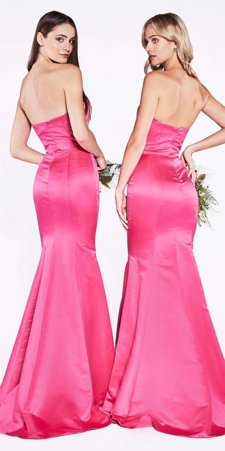 Pink satin strapless mermaid gown with sweetheart neckline, backless-style straps.