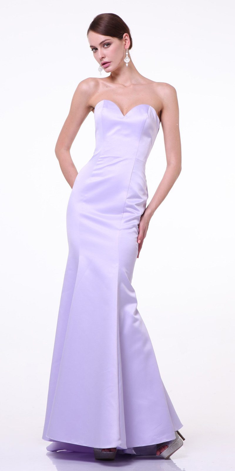 Lavender satin strapless mermaid gown with sweetheart neckline and tapered waist.