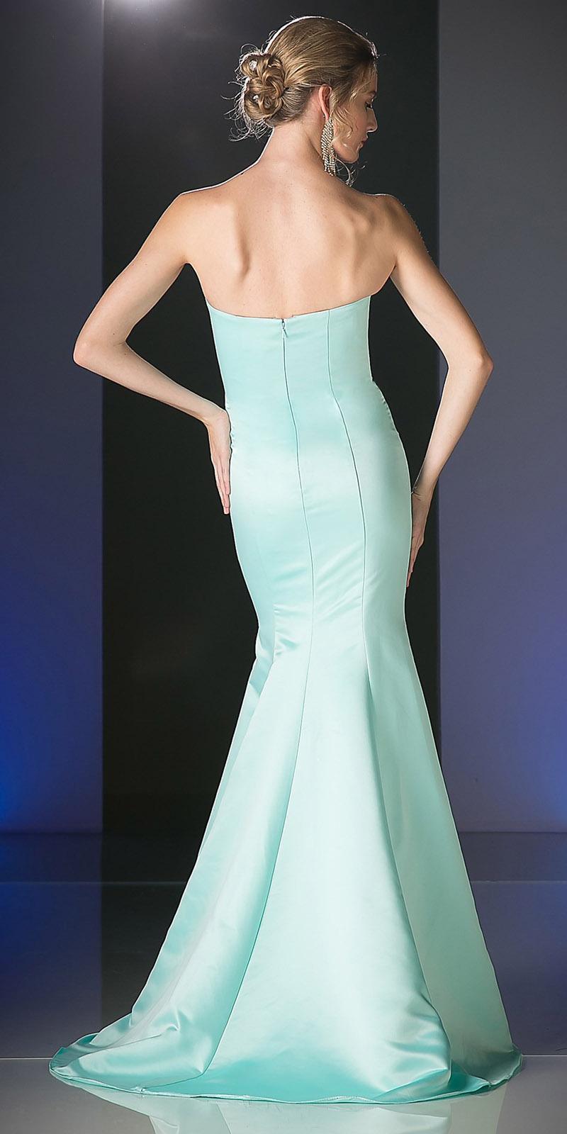Mint strapless mermaid satin gown with sweetheart neckline and flared skirt.