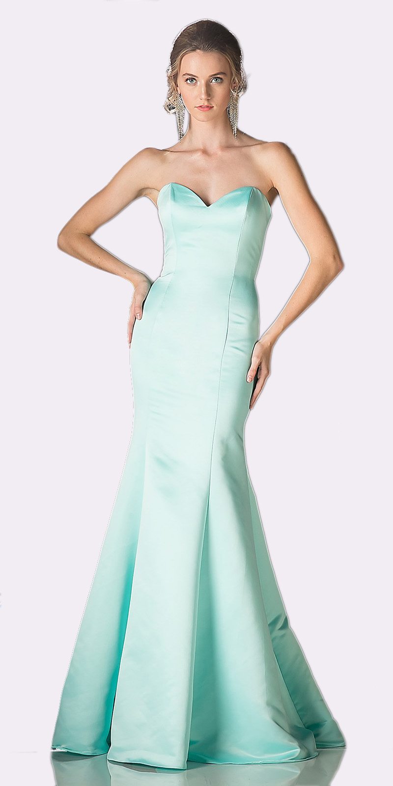 Mint satin strapless corset-style mermaid gown with sweetheart neckline.