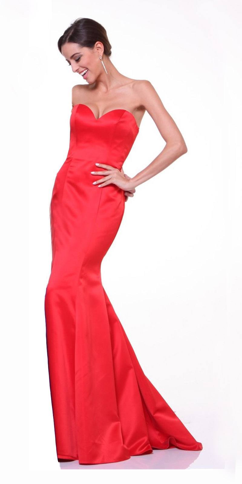 Red satin strapless mermaid gown with sweetheart neckline and long flared skirt.