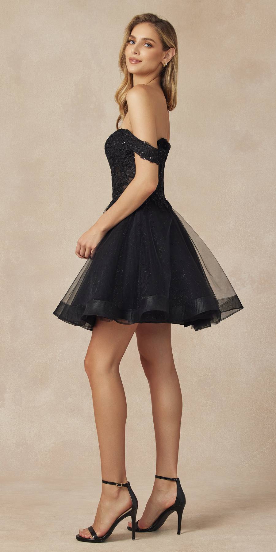 Black glitter off-shoulder A-line homecoming dress with flared tulle skirt