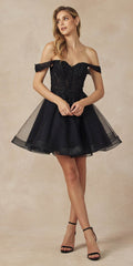 Black glitter off-shoulder A-line homecoming dress with full tulle skirt