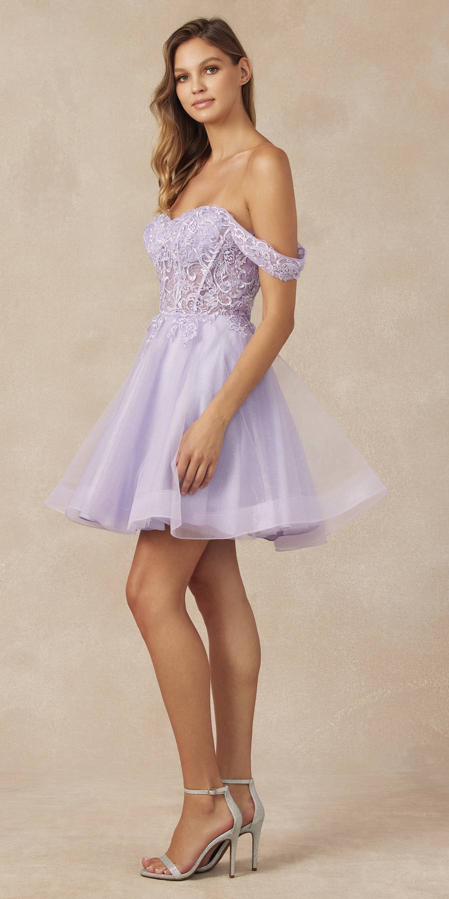Glitter tulle A-line homecoming dress in lilac, off-shoulder glitter bodice