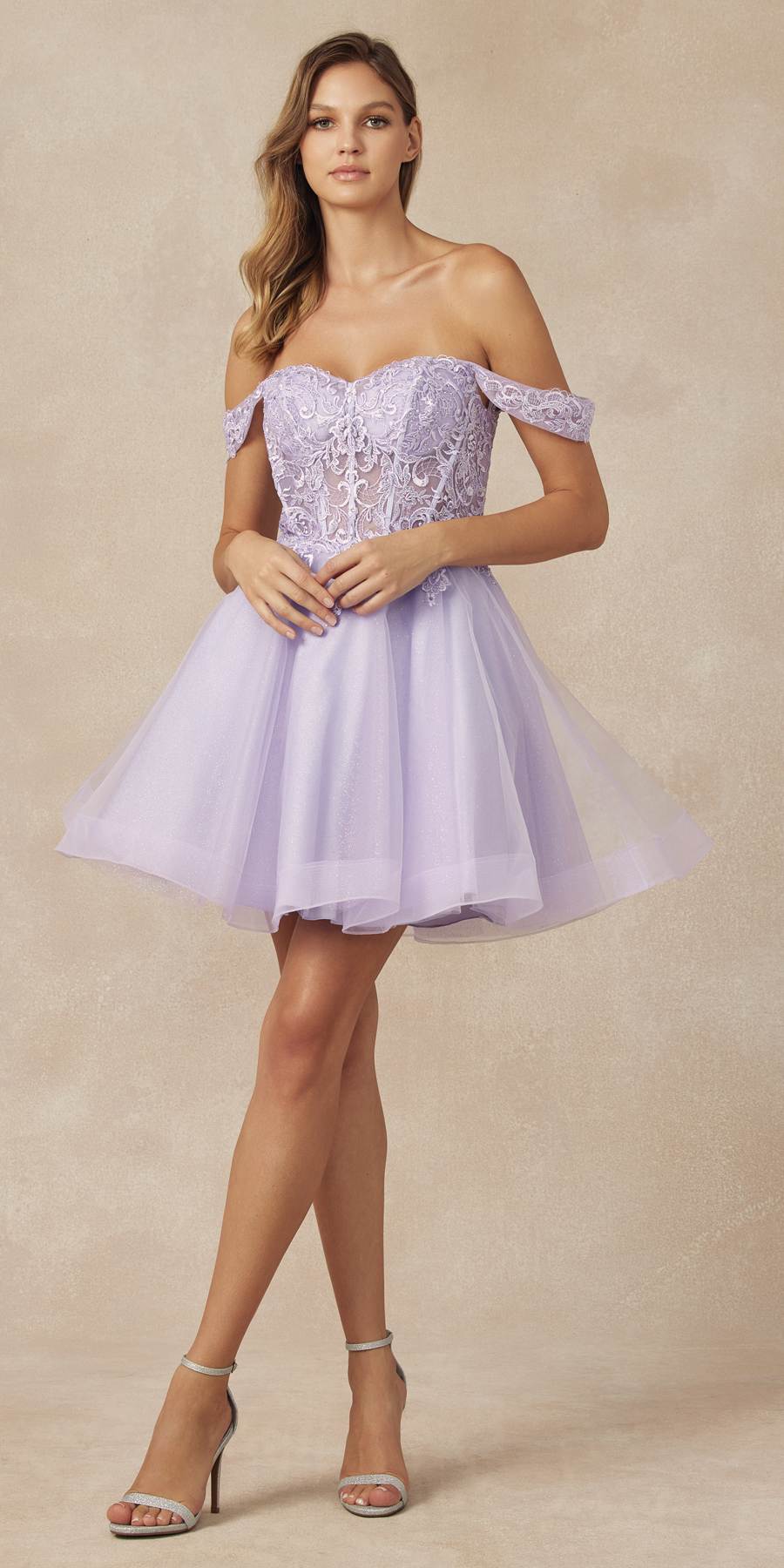Glitter tulle A-line homecoming dress in lilac, off-shoulder sweetheart bodice
