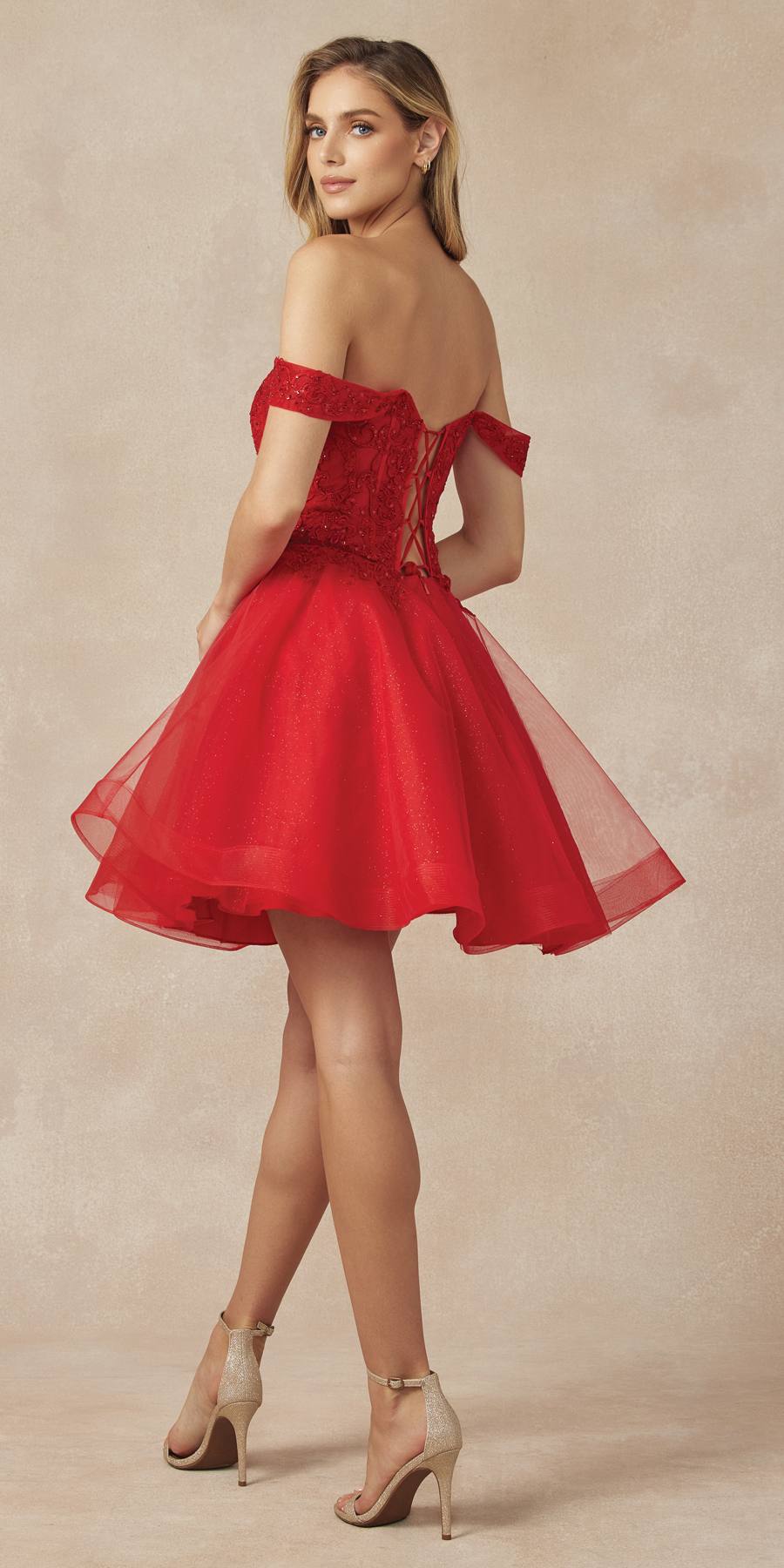 Glitter tulle A-line homecoming dress in red, off-shoulder bodice with full skirt