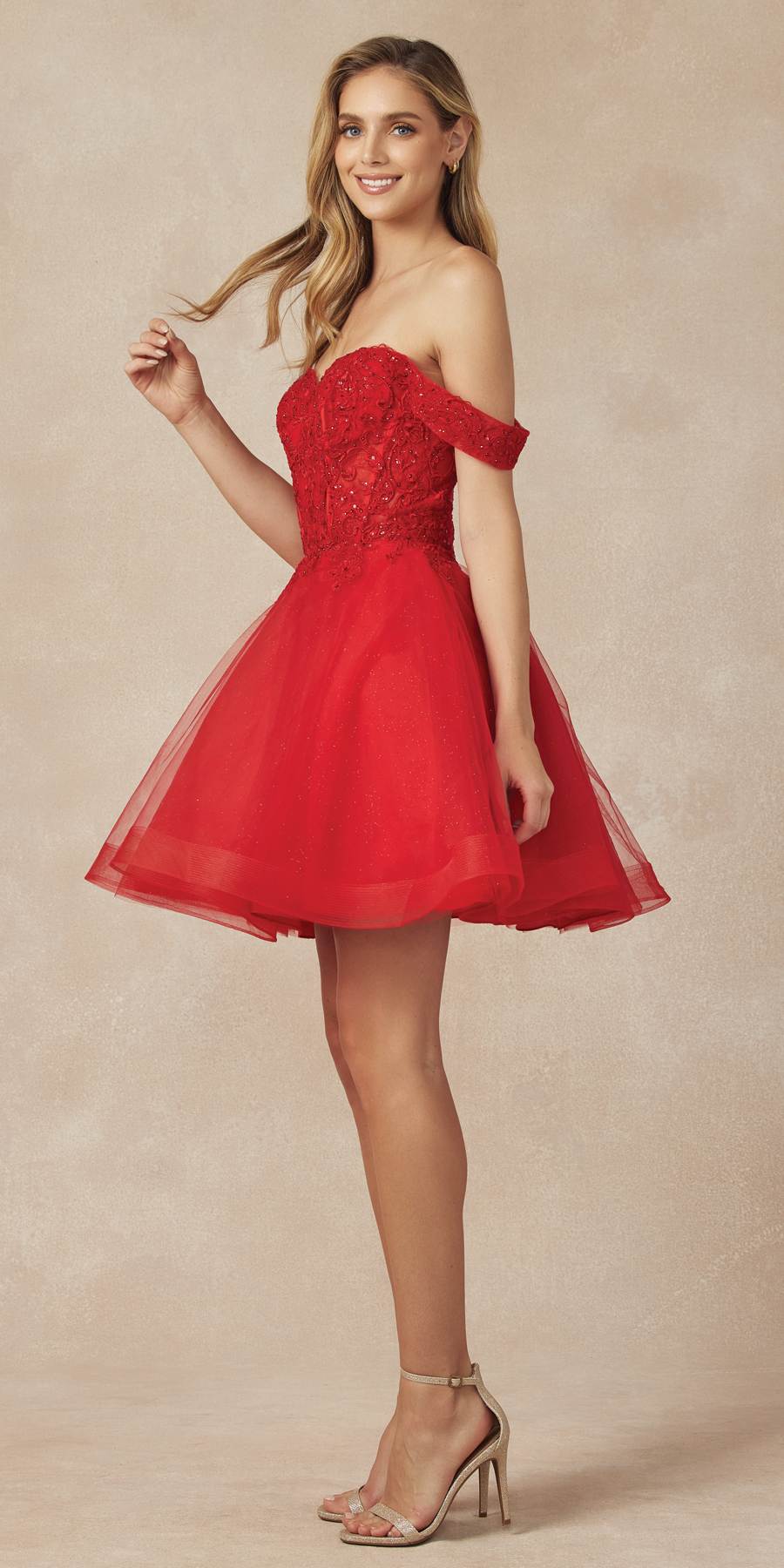 Glitter tulle A-line homecoming dress in red, front view with off-shoulder glitter bodice