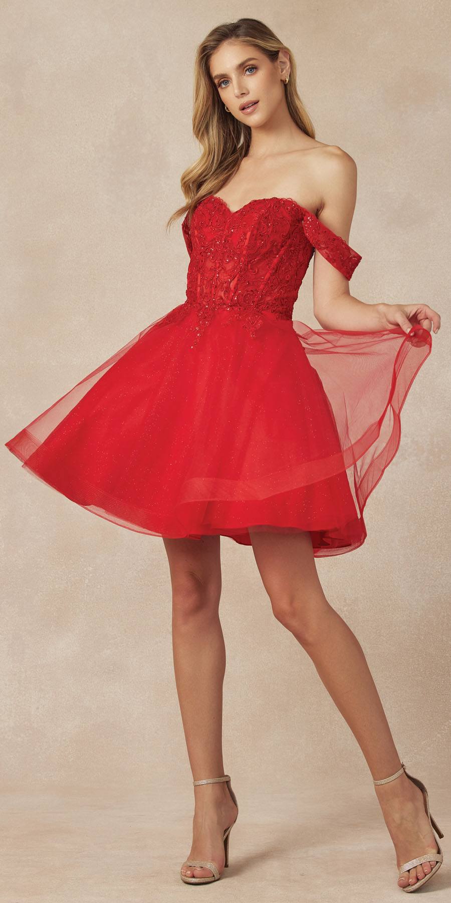 Glitter tulle A-line homecoming dress in red, off-shoulder glitter bodice and flared skirt