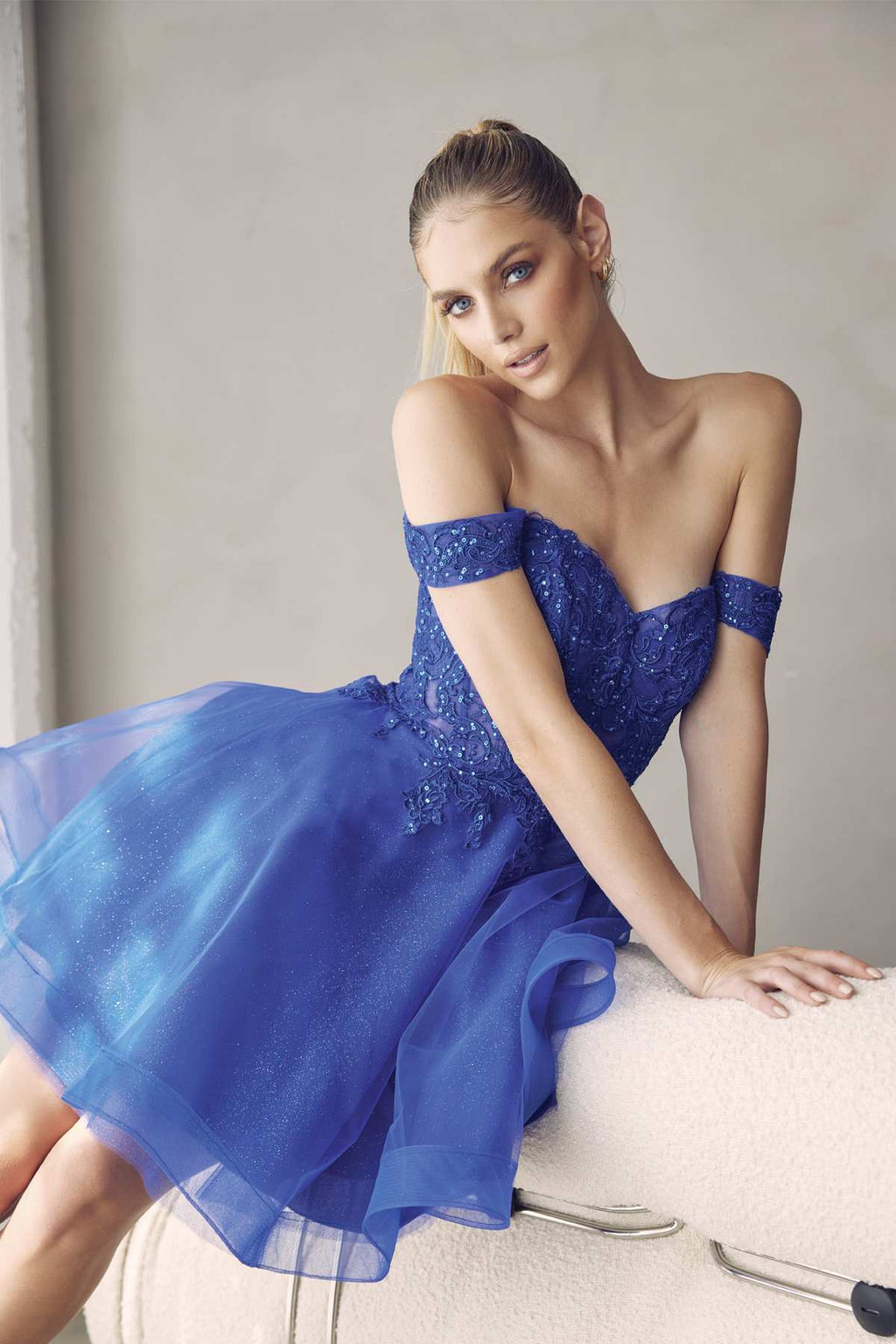 Blue glitter off-shoulder A-line homecoming dress with layered tulle skirt
