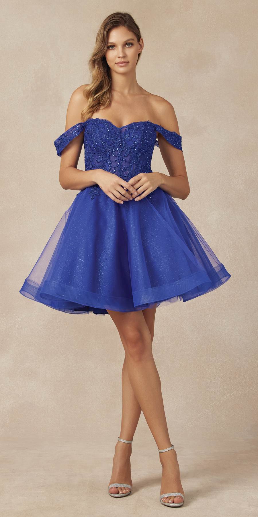 Blue glitter off-shoulder A-line homecoming dress with layered tulle skirt
