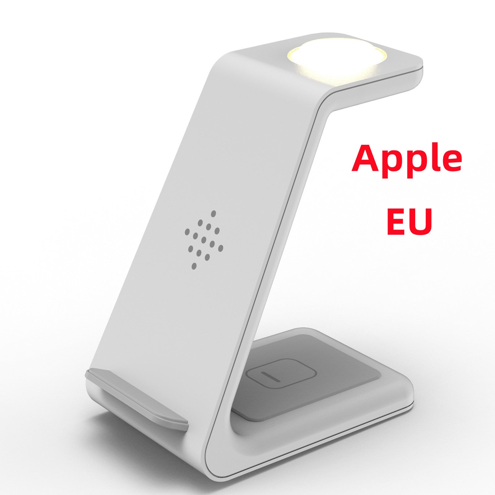 Wireless charging stand with angled phone holder, white base, glowing top indicator light