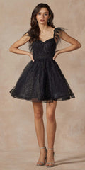 Black feather-strap sheer bodice tulle A-line short dress