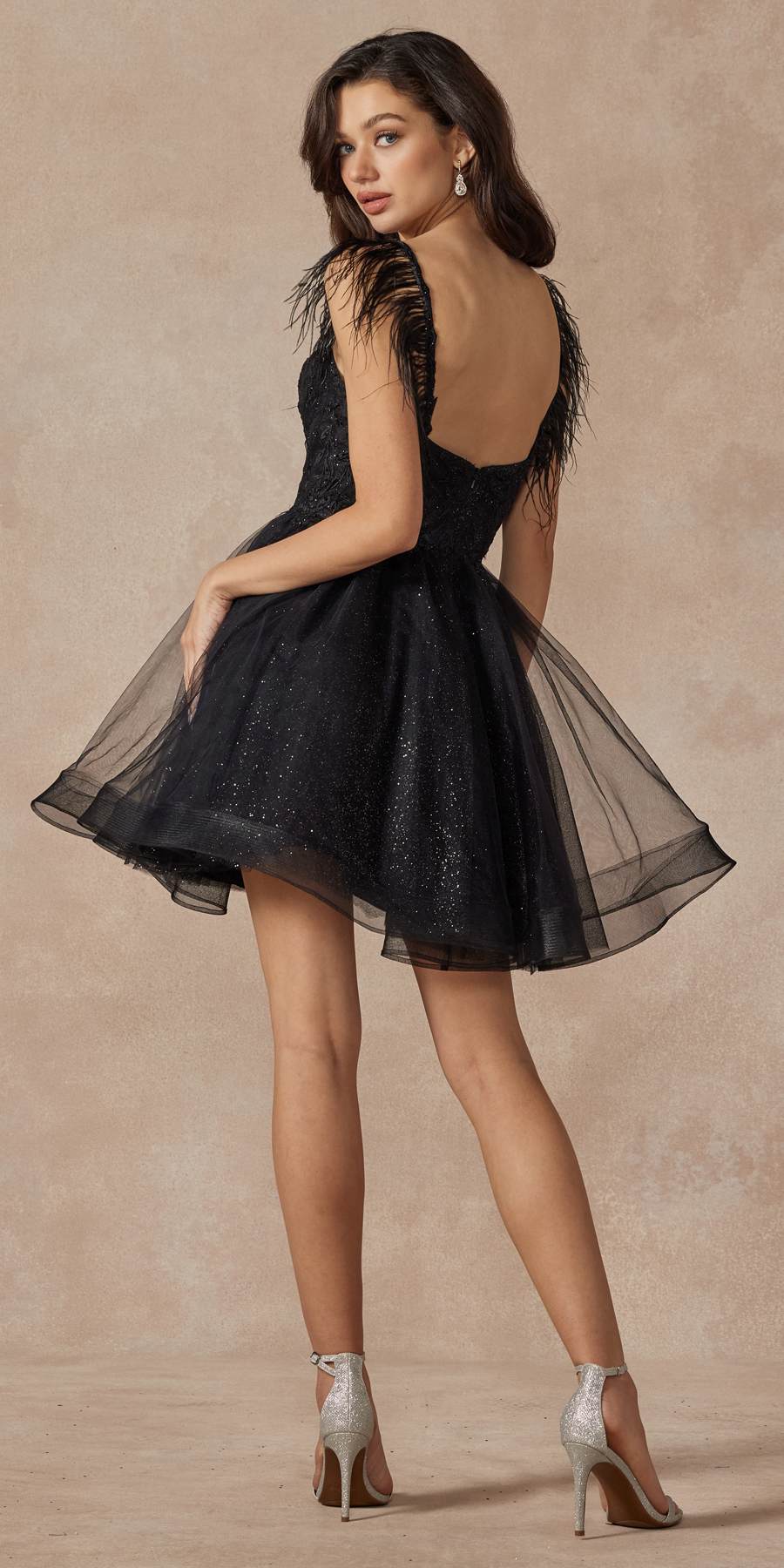 Black sheer bodice tulle A-line short dress with feather straps, side view