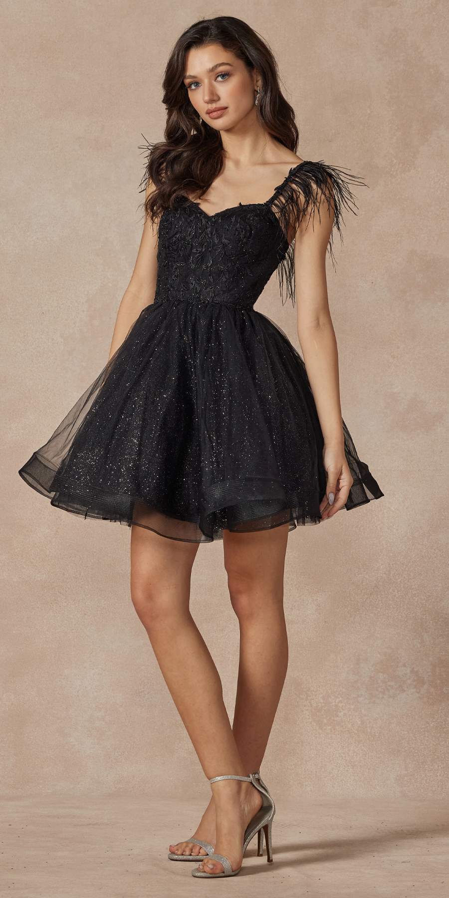 Black feather-strap sheer bodice tulle A-line short dress, flared skirt