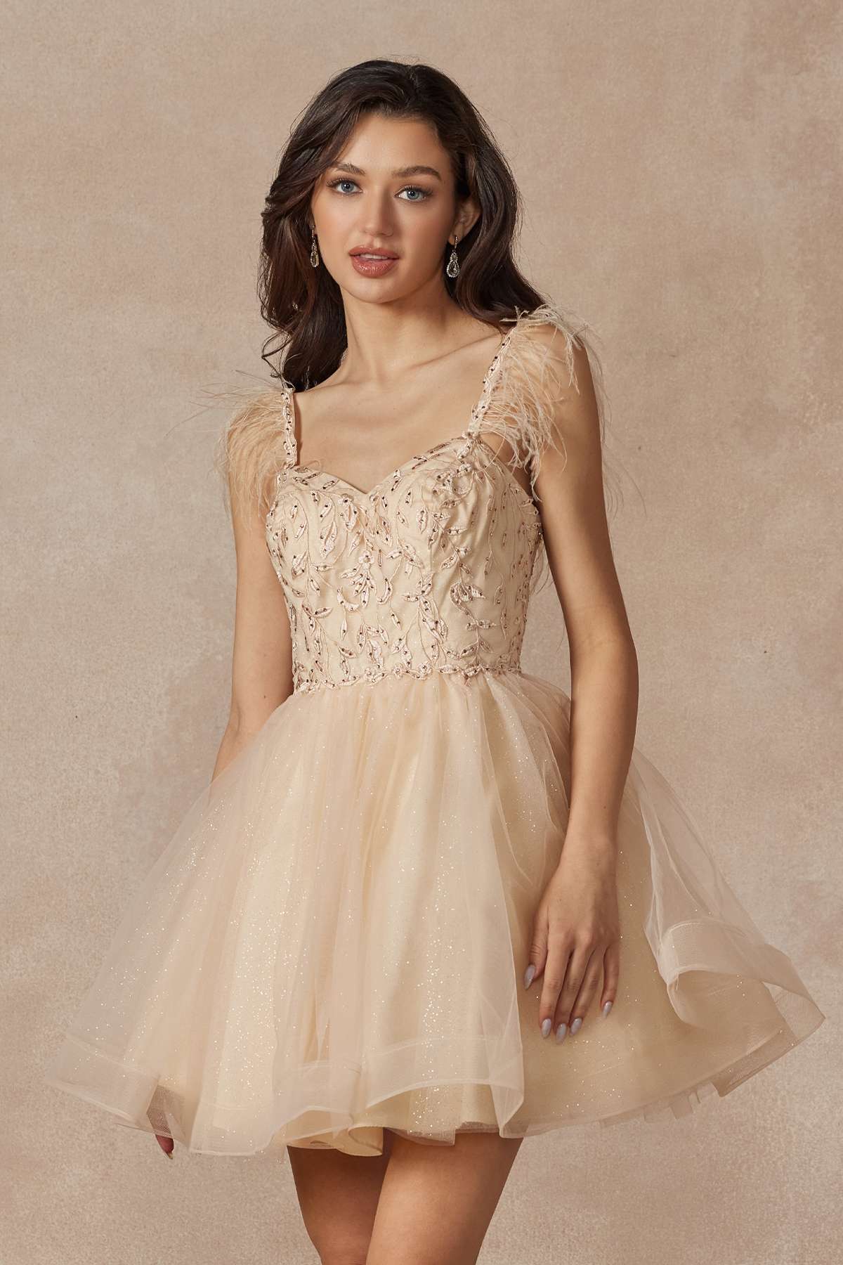 Champagne short A-line tulle dress with sheer corset bodice and feather strap detail