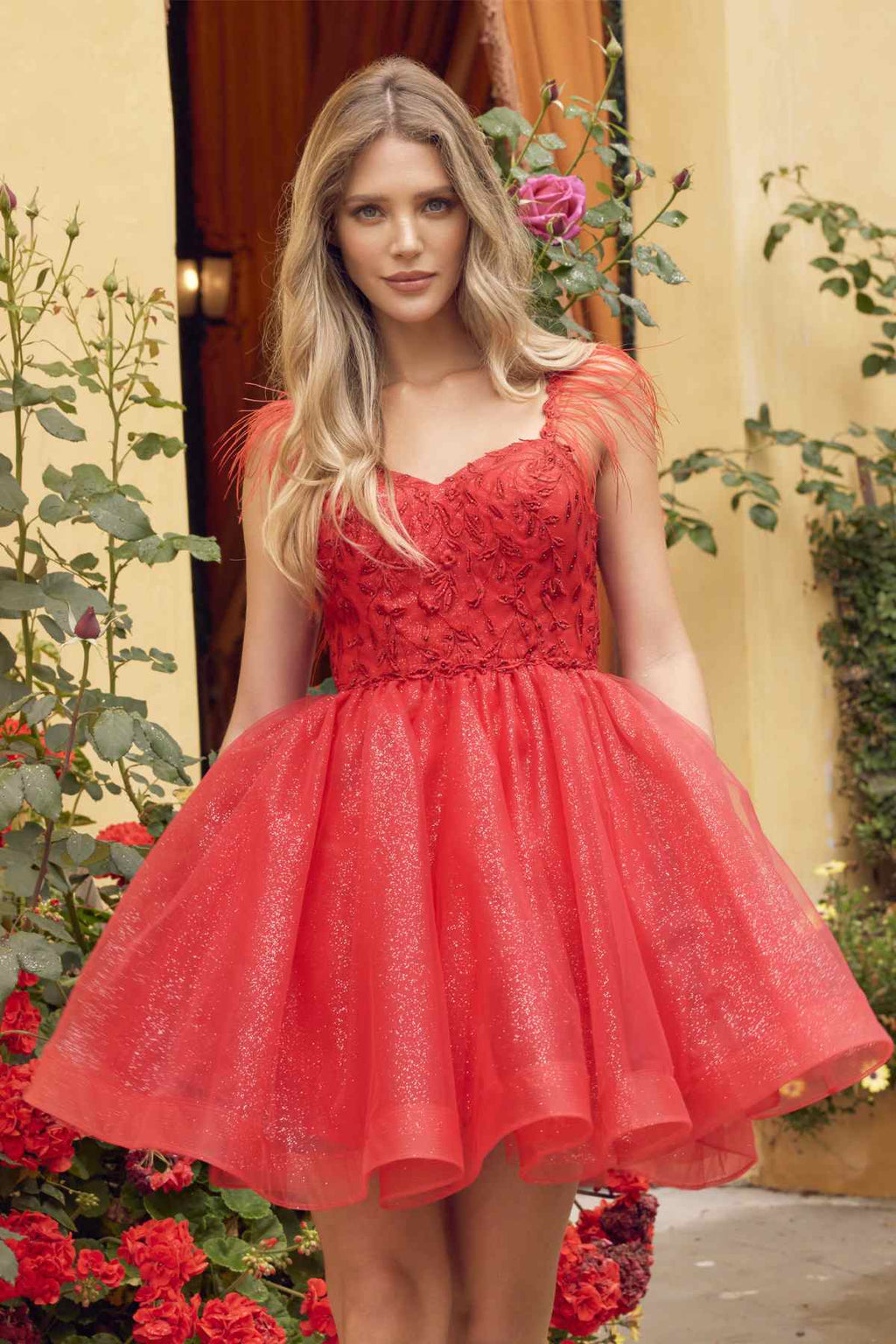 Red feather-strap sheer bodice tulle A-line short dress