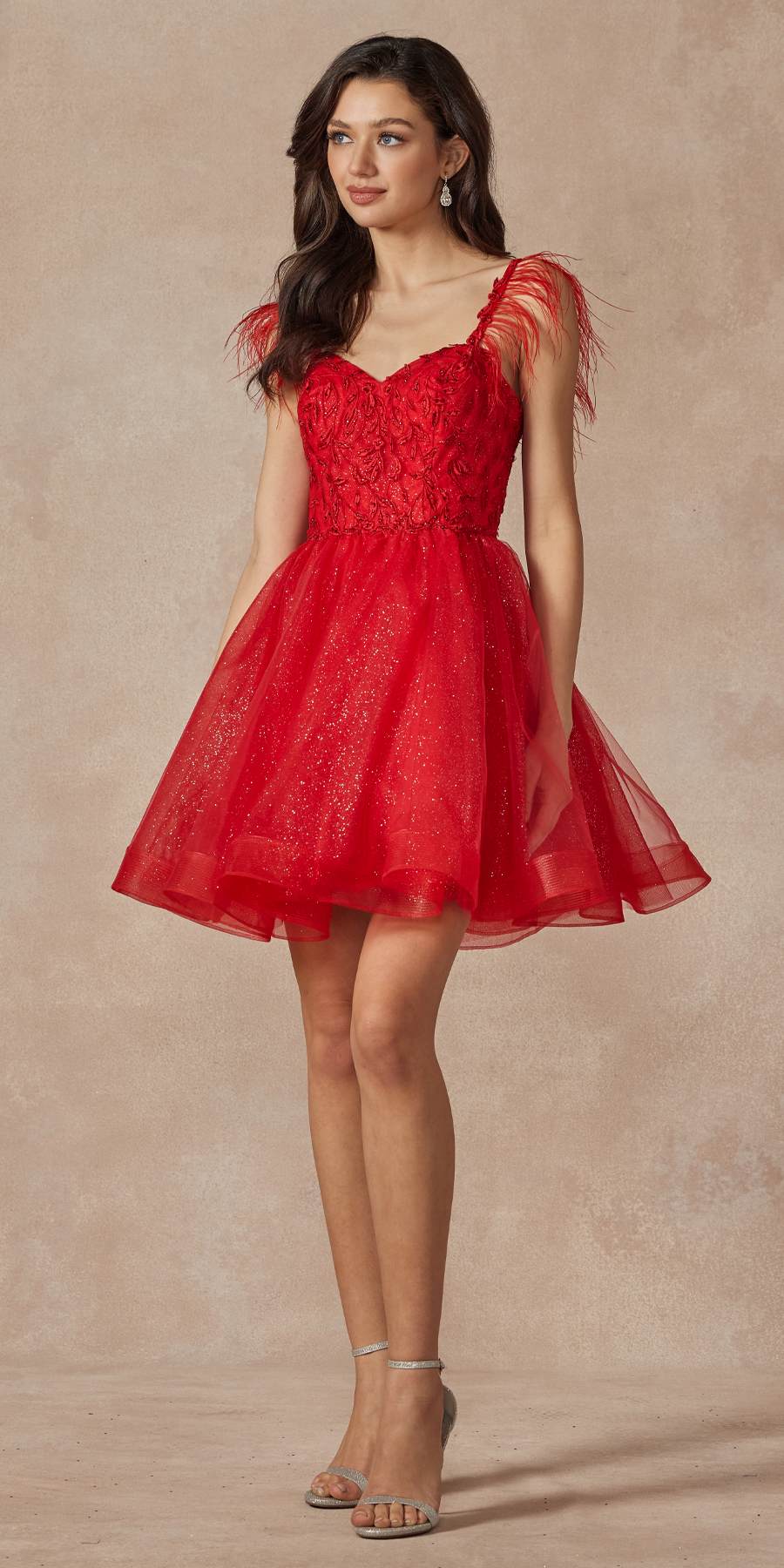 Red feather-strap sheer bodice tulle A-line short dress, sleeveless