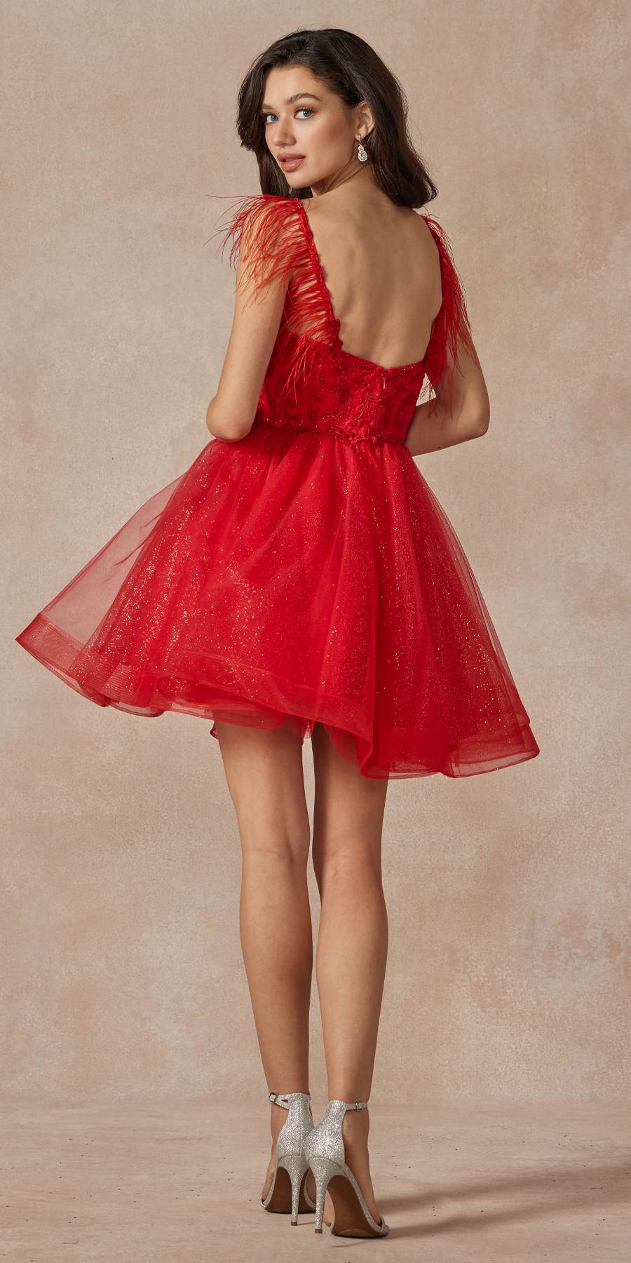 Red sheer bodice tulle A-line short dress with feather straps, side view