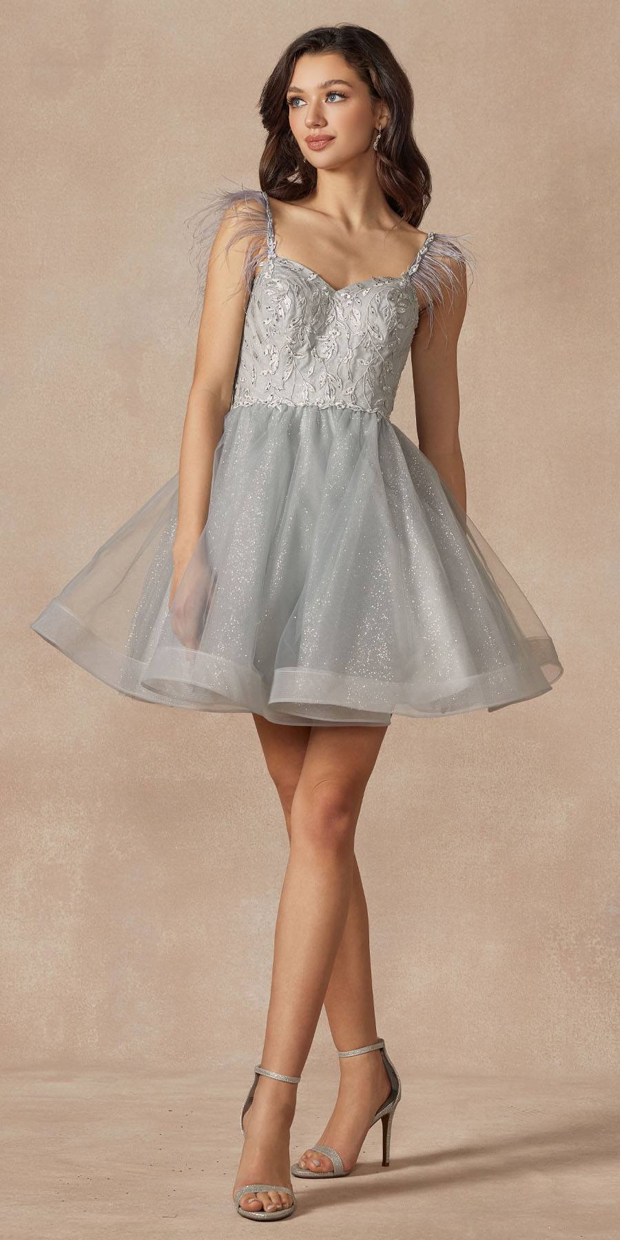 Silver short A-line tulle dress with embroidered sheer bodice and feather straps
