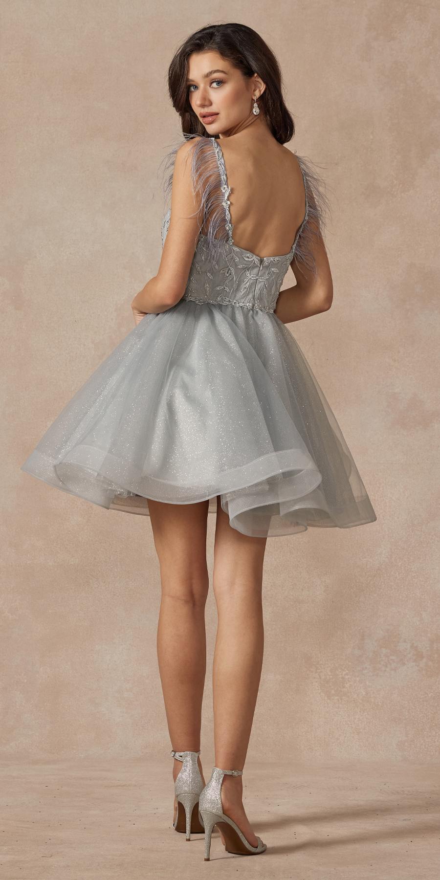 Silver short A-line tulle dress with lace-like sheer bodice and feather straps