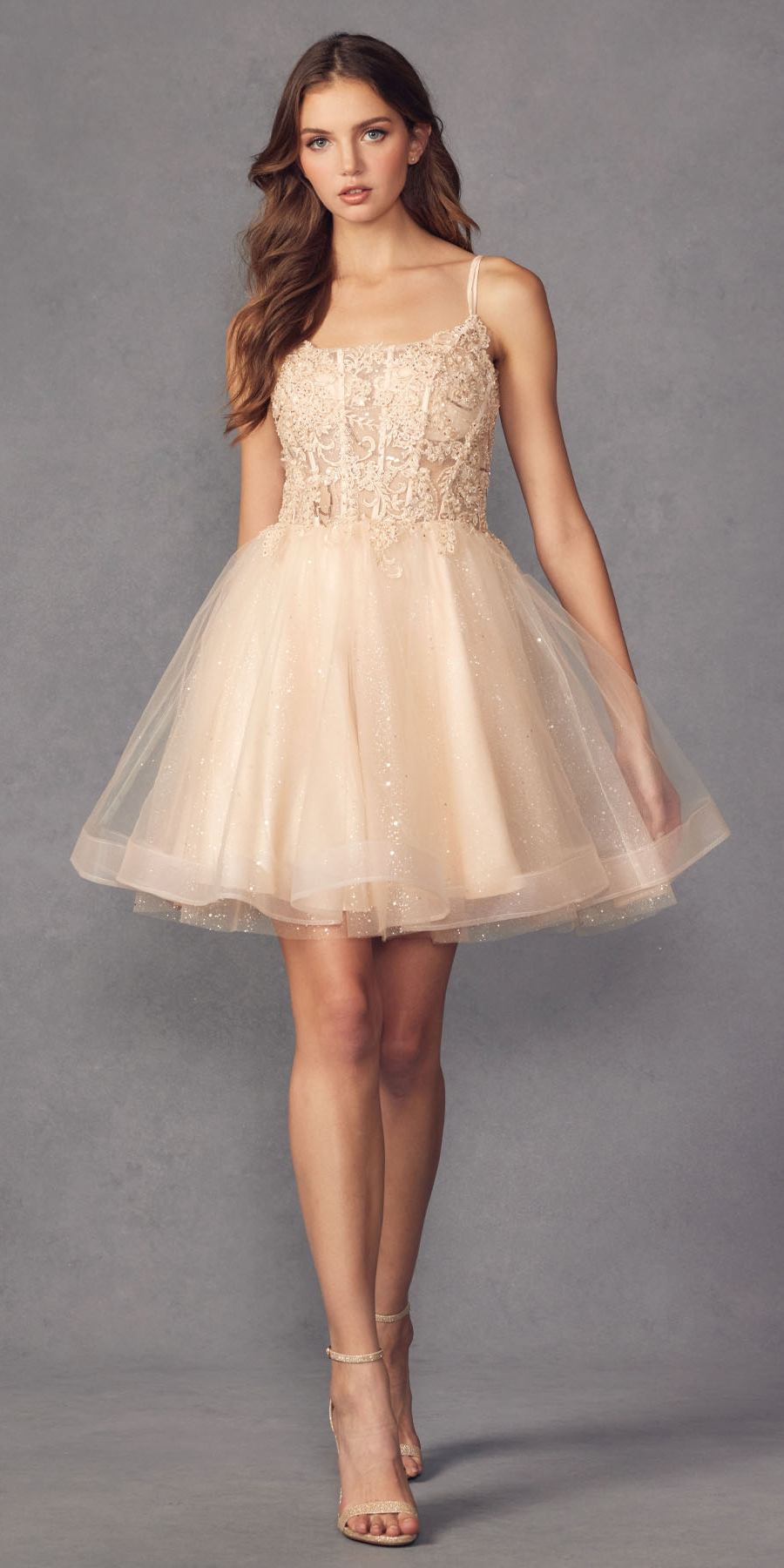 Champagne tulle A-line dress with thin straps, lace bodice, and full skirt