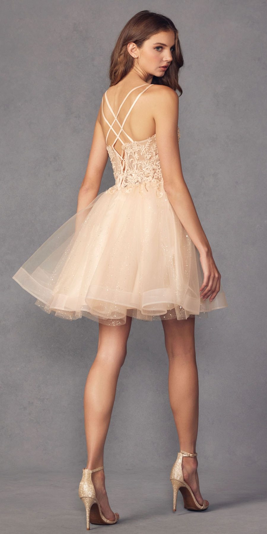 White glitter tulle A-line dress with crisscross open back, thin straps