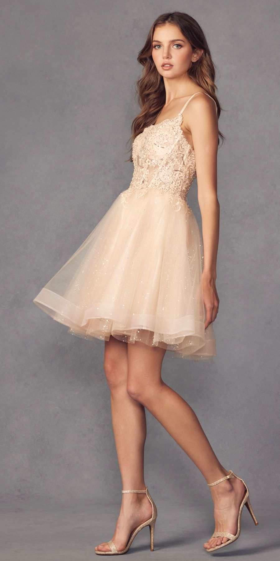 White glitter tulle A-line dress, square neckline and thin straps