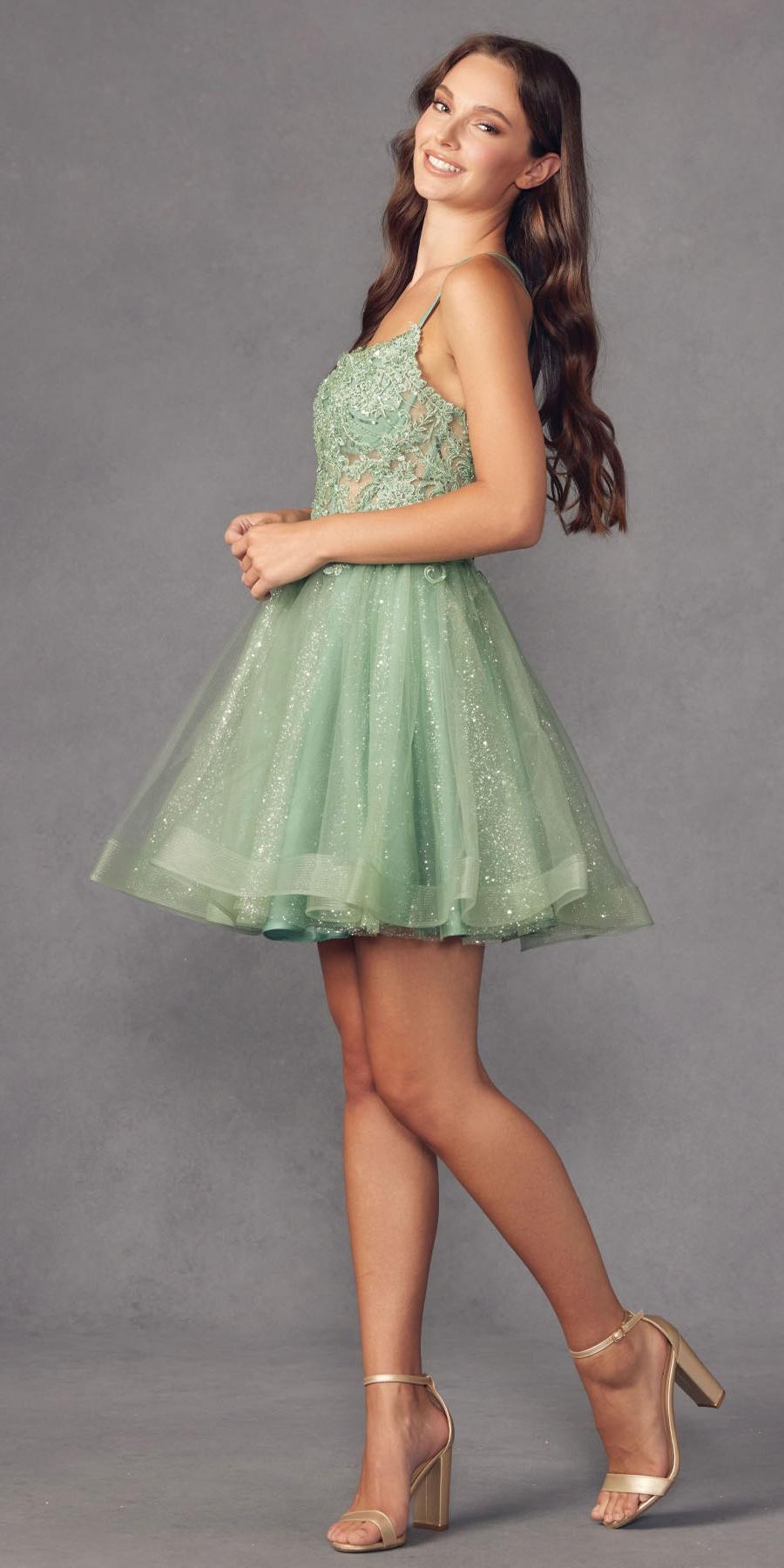 Green glitter tulle A-line dress with thin straps and flared mesh skirt