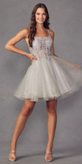 Glitter tulle A-line dress with square neckline, thin straps, silver bodice and skirt