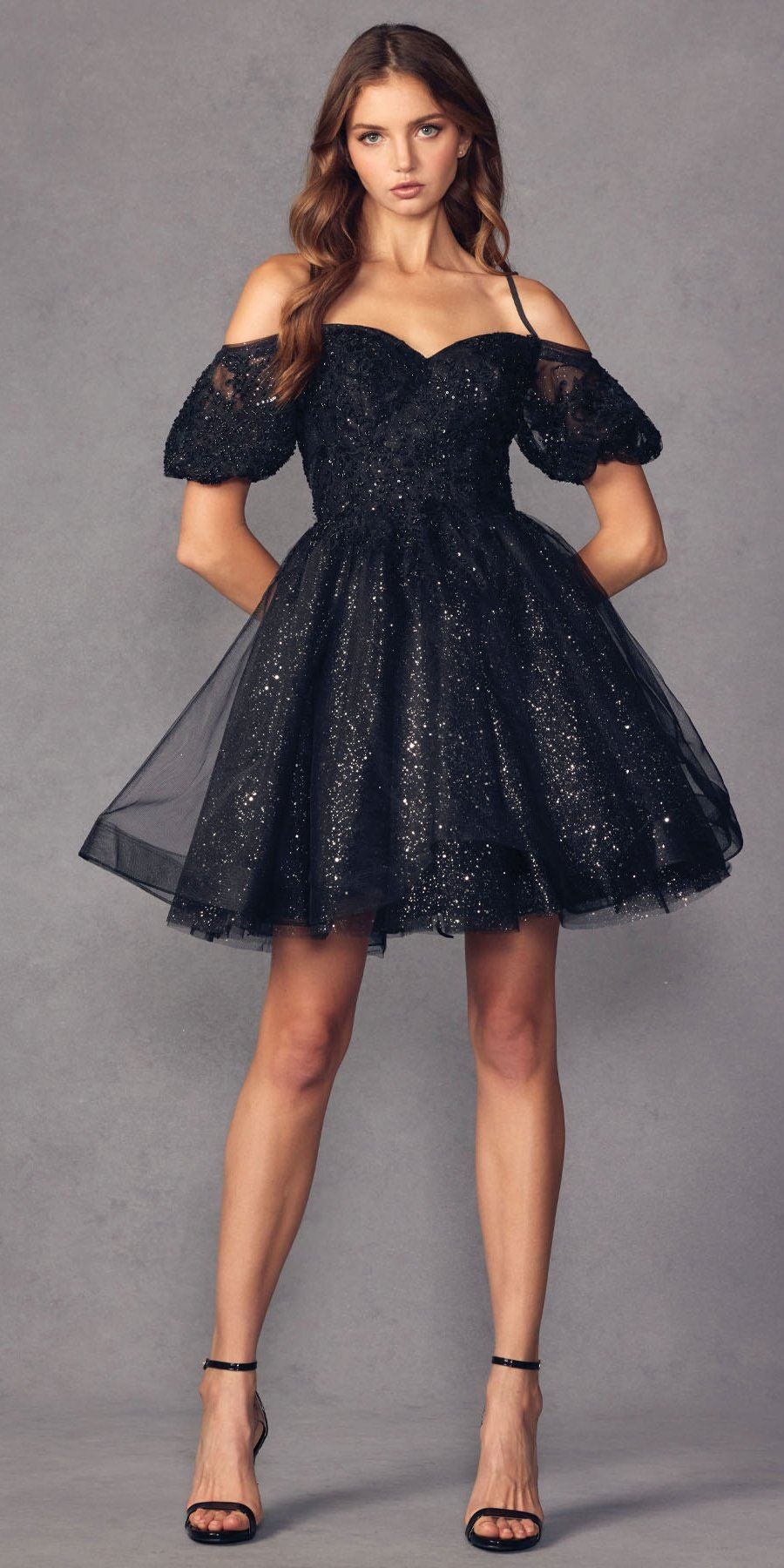 Black off-shoulder A-line tulle mini dress with sparkly corset bodice and puff sleeves